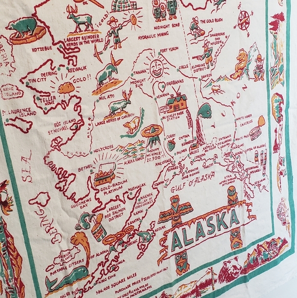 Vintage Alaska Map Souvenir Tablecloth 1940s 1950s - Picture 3 of 4